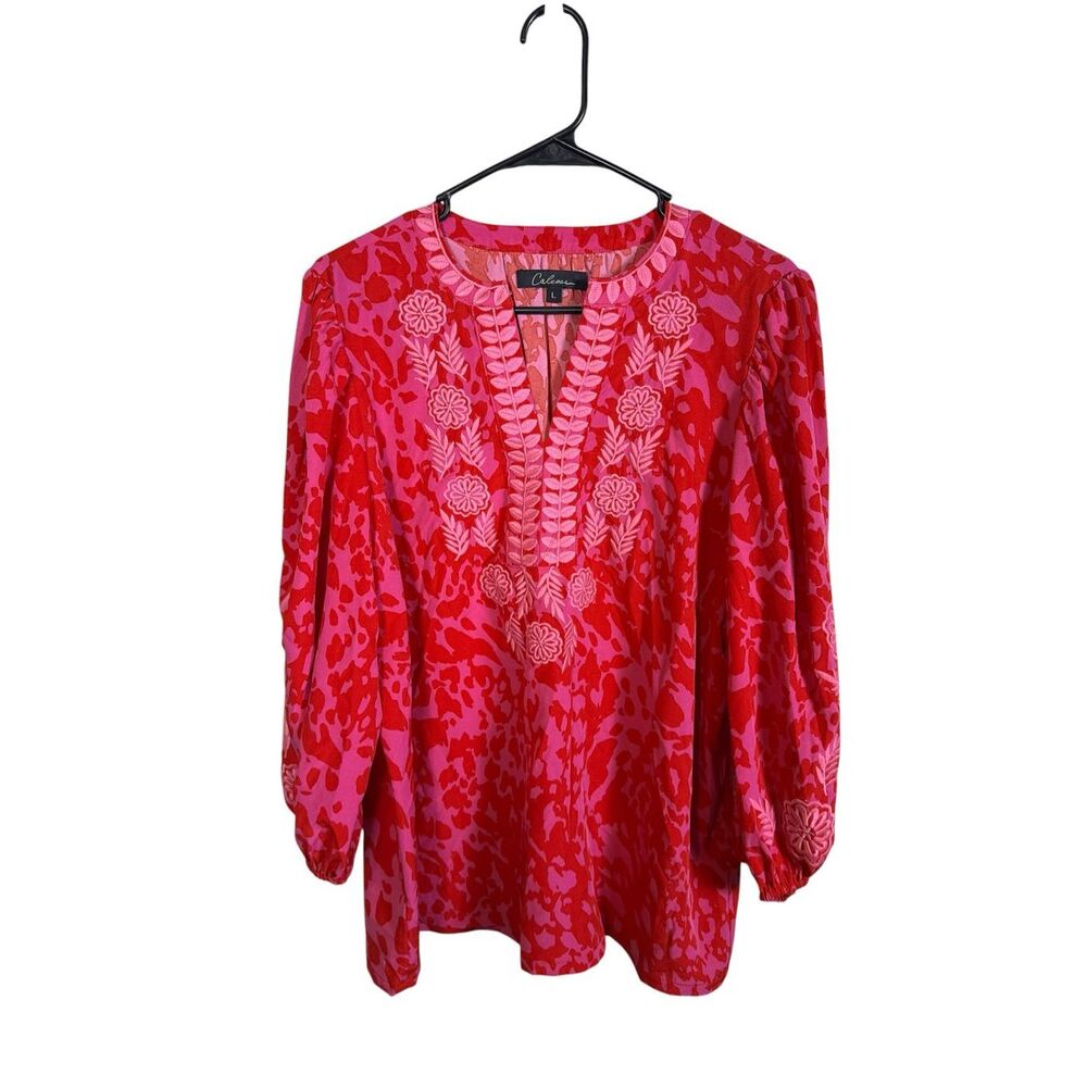 Calessa Floral Embroidered Animal Print Tunic Blouse Size Large Pink Red